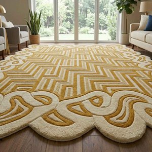 Tapis géométrique moderne crème et or, tufté, rectangulaire, antidérapant, en laine, pour salon, tapis moelleux et doux, décoration intérieure - Product Image 2