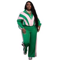 Conjunto Deportivo Casual de Invierno para Mujer, Estampado Retro, Dos Piezas, Chaqueta con Cierre Rosa y Verde, Pantalones Anchos, Ropa Deportiva Premium