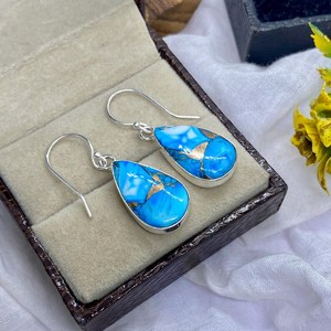 Boucles d'oreilles pendantes en cuivre naturel et turquoise, en argent sterling 925, faites à la main, bijoux fantaisie avec pierres précieuses, cadeau - Product Image 5