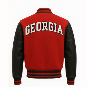 Custom Georgia Red Varsity <b>Jacket</b> Men's PU Leather Sleeve College Letterman Bomber Embroidery G Logo Front <b>Patch</b> Design High - Product Image 2