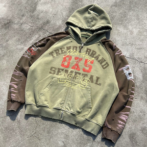 เสื้อฮู้ดผ้าฟลีซคอตตอน 100% ล้างสีแบบแอซิดวอช สไตล์สตรีทแวร์ แต่งดีเทลขาดๆ  ประดับคริสตัล  รับออกแบบลายตามสั่ง - Product Image 1