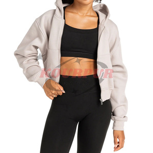 Women Hoodie <b>Crop</b> Top Zipper <b>Up</b> Solid Color Hooded Sweatshirt Full Sleeve Knitted Cotton Autumn Wear Hoodie In Reasonable Price - Product Image 1