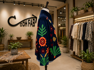 Handmade Winter <b>Navy</b> Cotton Velvet Suzani <b>Jacket</b> <b>Women</b> Floral Mushroom Embroidery Bohemian Ethnic Designer Boutique Outerwear - Product Image 3