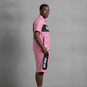 Ensemble veste et short de sport rose en nylon coupe-vent pour homme, manches courtes, avec impression de logo personnalisé, style streetwear, vêtements d'été - Product Image 5