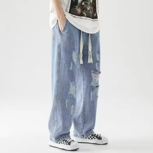Jean déchiré tendance pour homme, coupe large et droite, style américain, décontracté, taille élastique, longueur cheville - Product Image 1