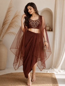 Women Brown Embroidered Crop <b>Top</b> With <b>Net</b> Dupatta Traditional Indian Pakistani Wedding Wear - Product Image 2