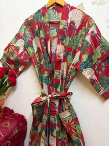 Albornoz Kimono de Algodón con Estampado Floral de Lujo para Mujer, Ligero, Transpirable, Cuello en V, Manga 3/4, Cierre con Cordón - Product Image 4