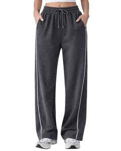 Pantalon de jogging ample gris foncé pour femme, en molleton, avec passepoil latéral, taille élastique et cordon de serrage, décontracté, pour la détente - Product Image 1
