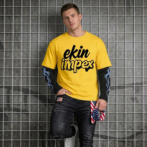 2027 Trending Hip Hop Streetwear Men Oversized Layered T-<b>Shirt</b> Black Contrast Color <b>Flame</b> Graphic Heavy Cotton Double Sleeve - Product Image 3