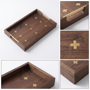 Plateau de service en bois fait main, vente en gros, personnalisé, OEM, ODM, avec incrustation en laiton, poignées à motif croisé, plat décoratif DECORYUG - Product Image 3