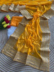 Sari jaune moutarde brodé de créateur pour femme, tenue de luxe pour mariage et soirée, sari ethnique indien avec bordure richement travaillée - Product Image 2