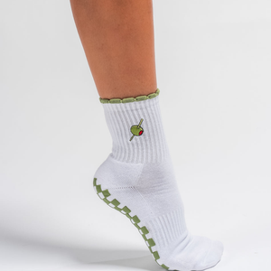 Chaussettes blanches à motif damier vert et logo brodé olive pour femme, idéales pour l'été, usage quotidien, antidérapantes, tricotées - Product Image 3