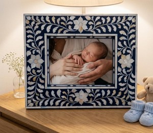 Mother of Pearl Inlay Modern <b>White</b> <b>Photo</b> <b>Frame</b> Construction Handmade Eco Friendly Vintage Full Color Print for Tabletop Use - Product Image 1