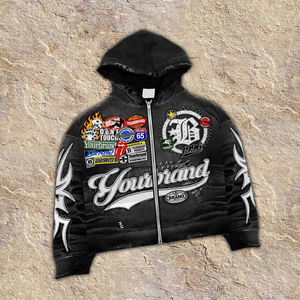 Ensemble sweat à capuche zippé intégral et short de survêtement pour homme, personnalisé OEM, imprimé, délavé à l'acide, respirant, écologique, style vintage, pour l'hiver - Product Image 2