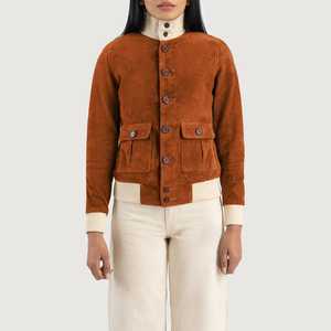 Chaqueta Bomber de Gamuza Marrón para Mujer, Manga Larga, Cuello Alto, Cierre de Cremallera, Estilo Otoñal, Servicio de Muestra Disponible - Product Image 5