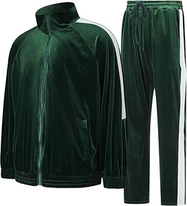 Survêtement décontracté ajusté en velours vert émeraude rétro de luxe avec bandes latérales contrastées, écologique - Product Image 2