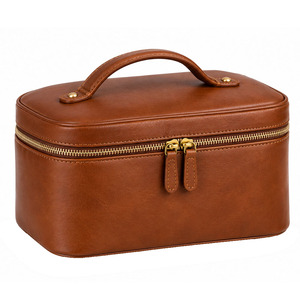 Étui à cosmétiques en cuir véritable tendance, grande capacité, pour hommes, organisateur de maquillage multi-compartiments avec fermeture sécurisée - Product Image 1