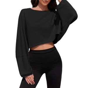 Sweat-shirt court à manches chauve-souris surdimensionné pour femme, noir uni, respirant, tricoté, à manches longues, col rond, pour l'été - Product Image 4