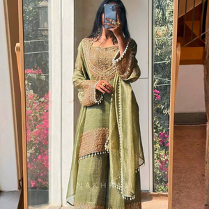 Ramdev Trading Traditional Ethnic Indian Pakistani <b>Kurta</b>/Kurti Top Dupatta Set Georgette Heavy Chinnon <b>Silk</b> Embroidery Work Full - Product Image 1