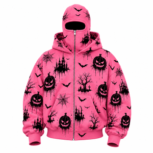 Sudadera con capucha rosa personalizada de Halloween con cremallera completa y estampado integral de calabazas, murciélagos, telarañas y castillos embrujados, sudadera extragrande para mujer - Product Image 2