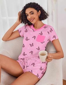 Unisex Solid <b>Butterfly</b> Print 2-Piece Shorts Set O-Neck Short Sleeve Regular Fit Casual Summer Outfit with Pocket Stretch - Product Image 4