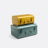 Retro Yellow Gray <b>Metal</b> <b>Trunk</b> Set Rectangular Hinged Closure Handles 2-Layer Durable for Sundries Stacking Minimalist Design - Product Image 3