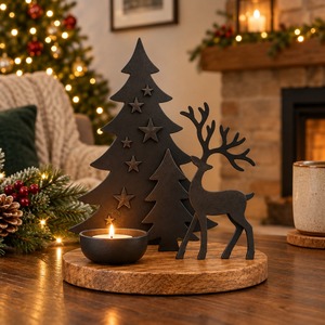 Ensemble d'objets décoratifs de Noël en métal, sapin et rennes, avec porte-bougie, ornement de table rustique pour les fêtes, thème hiver - Product Image 1