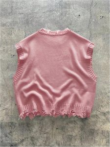 Pink Knitted Sleeveless Crop <b>Top</b> With White Cross Print <b>Fringe</b> Detail Gothic Style Oversized Pullover Unisex Autumn Wear - Product Image 3