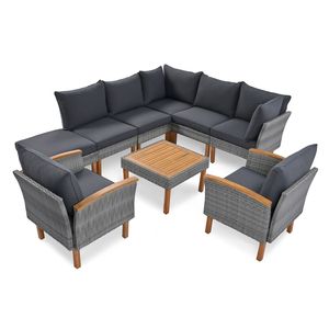 Set di Mobili da Esterno in Rattan a 9 Pezzi con Gambe in Legno di Acacia e Piano in PE Rattan, Vecchio SKU FF201208AAE - Product Image 6