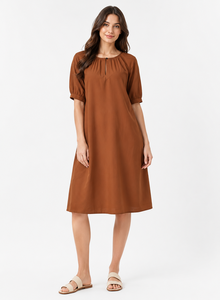 Brown Cotton Crew Neck Bohemian Eco-Friendly Handmade Solid Casual Midi <b>Dress</b> Gathered Neck Earthy Brown - Product Image 1