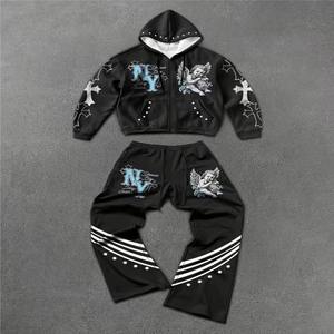 Survêtement à coupe évasée en tissu éponge, style patchwork, épais, avec appliqué vieilli et délavé, effet délavé à l'acide, brodé de strass, avec sweat à capuche court zippé - Product Image 6