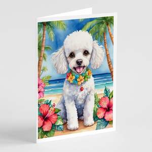 Whimsical A7 Size 5x7 Blank Note Cards Pack of 8 <b>White</b> Poodle Luau Greeting Cards with <b>Envelopes</b> - Product Image 1