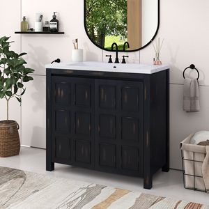 Mobile bagno retrò Espresso da 36 pollici con lavabo integrato e set di armadietti contenitore - Mobiletto bagno retrò Espresso - Product Image 6