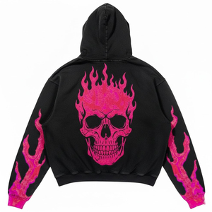 Sudadera con capucha de streetwear personalizada Up Felt para hombre, con gráfico de esqueleto y mariposa en rosa, de forro polar negro grueso y mangas con efecto llama. - Product Image 2