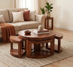 Table basse ronde en bois massif pour gagner de la place avec 4 tabourets |   Table basse circulaire artisanale avec tabouret compensé |   Vente en gros en Inde - Product Image 1