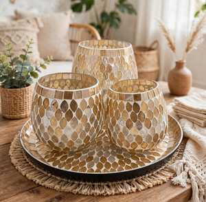 Ensemble de porte-bougies en verre mosaïque doré, écologique, fait main, décoratif, pour bougies chauffe-plat, décoration d'intérieur pour Noël - Product Image 1