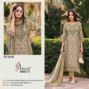 "Elegante Maslin Shalwar Kameez Set con Aari Handworked Top, Rayon Bottom y Maslin Digital Print Dupatta Perfect Pick" - Product Image 4