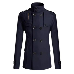 <b>Men's</b> Gray Wool Double Breasted Stand Collar Overcoat With Epaulets - Product Image 2