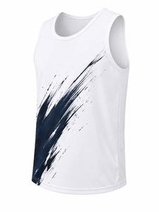 Débardeur blanc sans manches pour homme personnalisé avec imprimé brossé bleu marine, col rond, séchage rapide, coupe sportive, en polyester tricoté, faible MOQ - Product Image 3