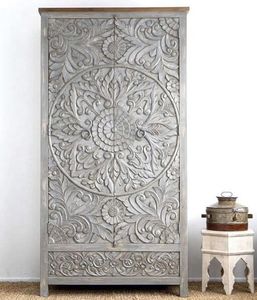 Luxury Handcrafted Solid Wood 2 Door <b>Wardrobe</b> Ornate Botanical Mandala Carving White Distressed Finish - Product Image 1