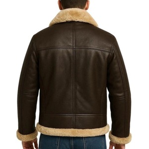 Men's Genuine Leather <b>Bomber</b> <b>Jacket</b> With Faux Fur Lining Zipper Closure Windproof Winter Wear - Product Image 3