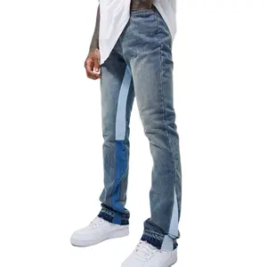 En moda erkekler Vintage yıkanmış Boot Cut yan ve iç paneller kot düğme sinek ve cepler ile satılık