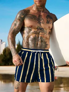 Shorts de bain rayés pour hommes avec cordon de serrage à la taille et poches, pour la plage - Product Image 4