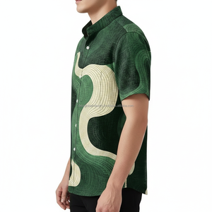 Camisa Casual de Verano para Hombre, Diseño Personalizado ODM, Transpirable, Ligera, con Estampado 3D de Ondas Abstractas, Verde Vintage - Product Image 4