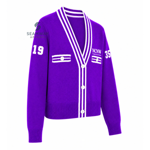 เสื้อคาร์ดิแกนถักไหมพรมสำหรับผู้หญิง NCNW Sorority คอวี ติดกระดุมด้านหน้า แขนยาว ลายทาง แต่งขอบยางยืด ปักลายสไตล์ Preppy - Product Image 2