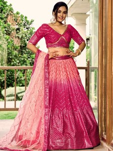 Pink Sequin Woven One <b>Set</b> Short Floral <b>Blazer</b> with Dupatta Pleated Lehenga Wedding Party Outfit - Product Image 1