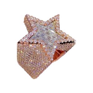 Rose Gold Star Moissanite Iced Out Sterling <b>Silver</b> Baguette Cluster <b>Statement</b> <b>Ring</b> Rhodium Plated Unisex Hip Hop Luxury Jewelry - Product Image 4