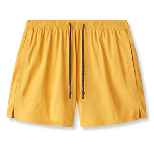 Shorts tricotés jaunes unis pour hommes, taille mi-haute, style décontracté, longueur courte, 100 % polyester, respirant, taille élastique - Product Image 2