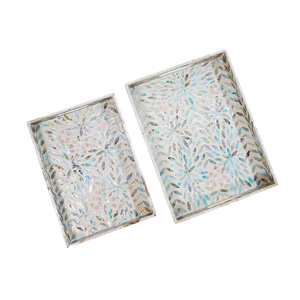 Plateau rectangulaire en nacre avec incrustation de mosaïque de coquillages, plateau de service décoratif haut de gamme pour table basse, ottoman, hôtel et maison - Product Image 6