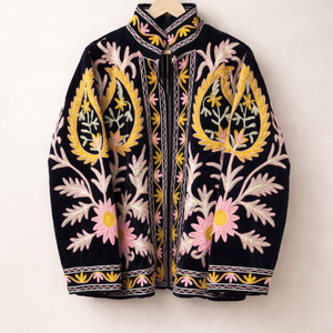 Chaqueta de Terciopelo Negro Bordada con Cuello Alto y Diseño Floral, Forro de Algodón, Bolsillos Laterales, Ropa de Invierno para Mujer - Product Image 1